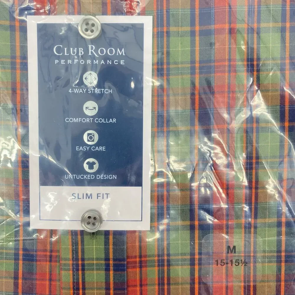 CLUB ROOM NWT Slim Fit Short Sleeve Button Down Shirt Olive Red Size Medium - Picture 5 of 5